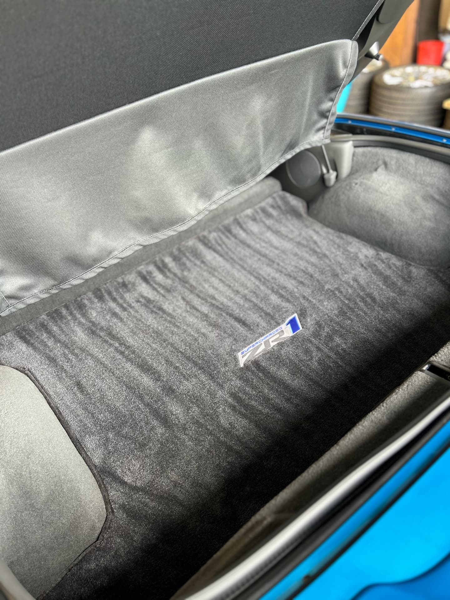 Clean carpeted Corvette cargo compartment